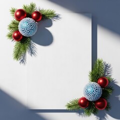 Christmas blank square frame with pine branches and ornaments