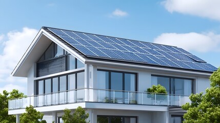 Contemporary white residential building with prominent solar panels on the roof symbolizing renewable energy eco friendly living and modern architecture surrounded by greenery under a blue sky