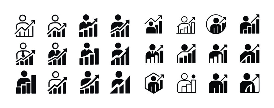 Set of business growth icons featuring people and graphs