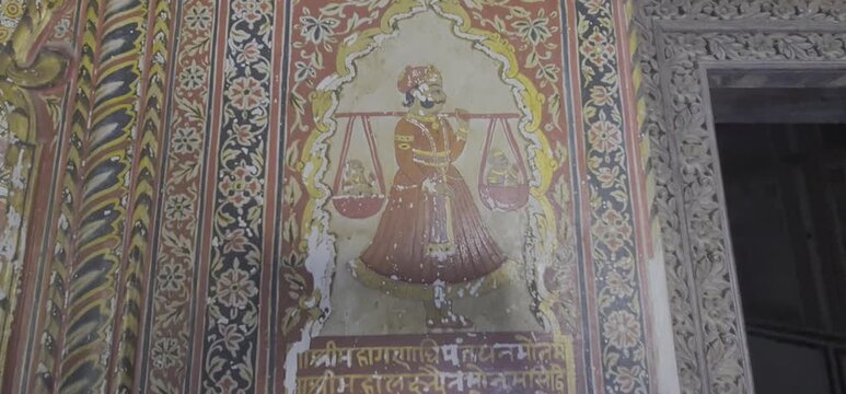 Exquisite Gold Leaf Murals and Intricate Medieval Frescoes Inside the Historical Sone Ki Dukan (Gold Shop ) in Mahansar Rajasthan, India 