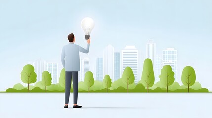 A man stands with a lit lightbulb overhead against a backdrop of a green city and modern buildings representing innovative ideas and sustainable urban development for the future