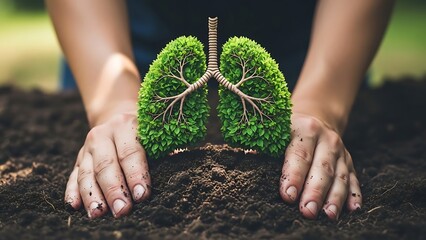 A person's hands carefully planting a symbolic green lung structure in dark soil