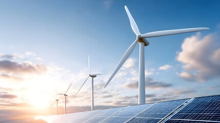 Rows of solar panels and wind turbines are set against a vibrant sunset sky illustrating clean energy gene n and environmental sustainability