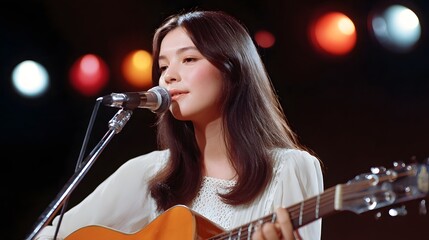 A portrait of a young woman performing music on stage holding an acoustic guitar and singing into a vintage microphone with soft bokeh lights behind her