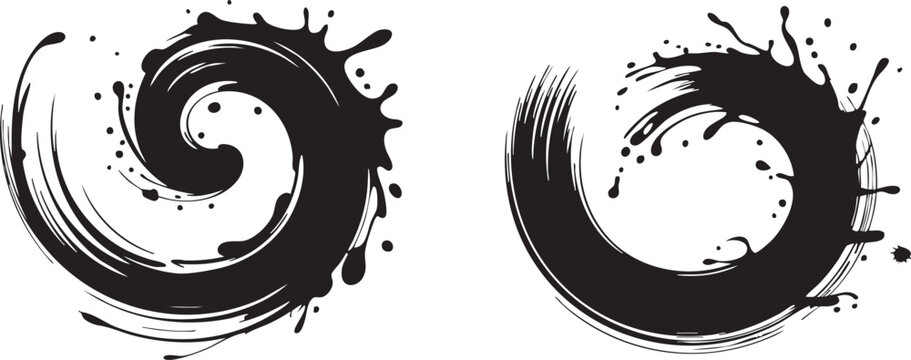 Black Ink Splash Brush Stroke Swirl Circles Vector Set