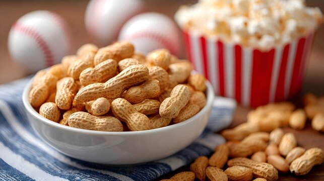 Close up of a white bowl filled with peanuts and a red and white striped container of popcorn with baseballs blurred in the background evoking a sporting event