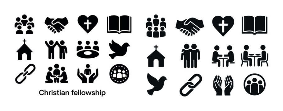 Christian fellowship icons: church, community, worship, bible, p