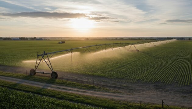 A vast agricultural field with an irrigation system in action under a sunset sky, showcasing sustainable farming practices.