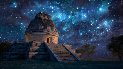 Fototapeta premium Starry night over ancient structure in dark sky