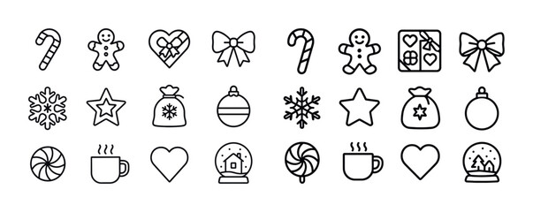Christmas icon set: candy cane, gingerbread, snowflakes, ornamen
