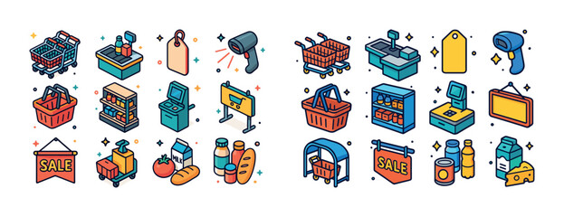 Fototapeta premium Colorful supermarket icons: carts, checkout, produce, and sale s