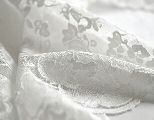 Close up white lace fabric in Pantone 11 4201 Cloud Dancer softly lit revealing delicate texture and intimate romantic visual mood