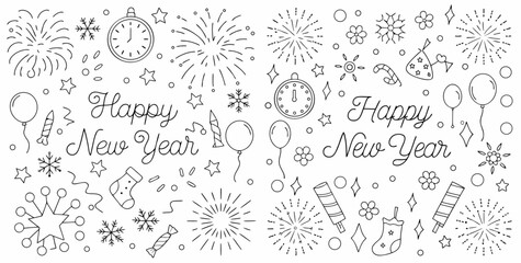 Happy New Year celebration elements with fireworks and decorations