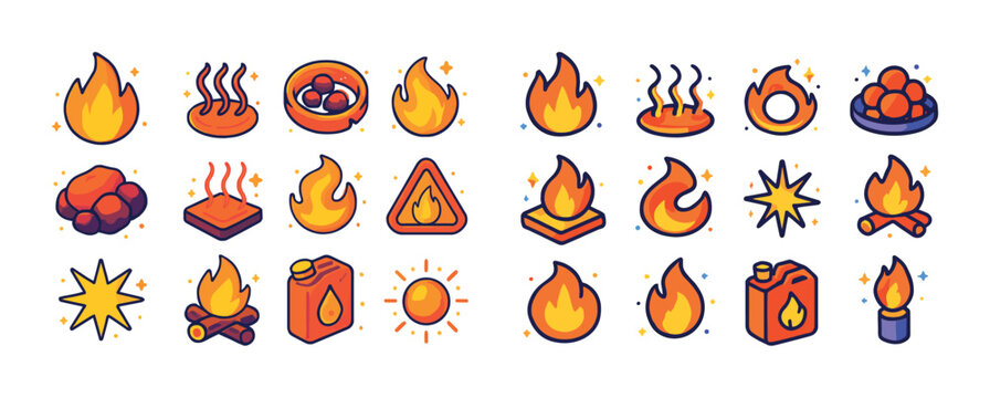 Colorful set of fire and flame icons with various shapes and des - Powered by Adobe