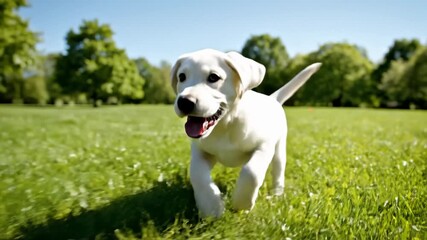 Happy White Labrador Puppy Running Through Green Meadow on Sunny Day