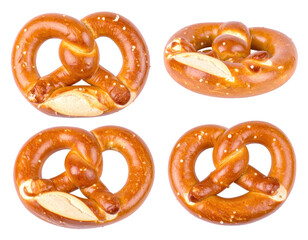 Four Baked Pretzels with Salt on Transparent Background Showing Detail and Textures