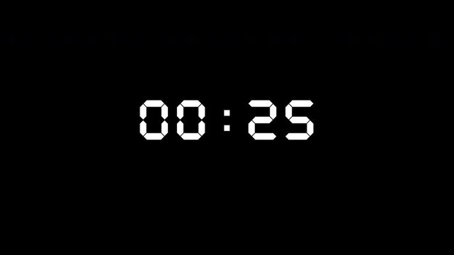 Thirty second countdown animation designed for extended timing and clear visual control. Shows seconds and minutes in a basic clean display with strong contrast on a black background
