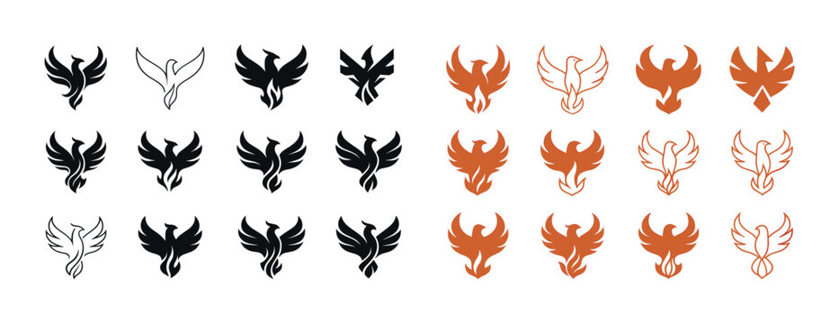 Phoenix icon set with black and orange variations in different s