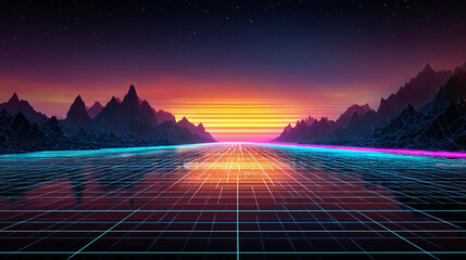 A futuristic digital landscape with a neon grid extending towards a vibrant sunset and mountains. The scene is bathed in an electric glow and evokes a sense of technological advancement