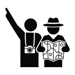 Two travelers exploring a location with a map and camera for navigation and sightseeing