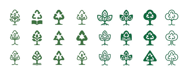 Set of green recycling tree icons with leaf designs for environm