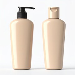 Two beige bottles one pump, one flip-top. Studio shot on white