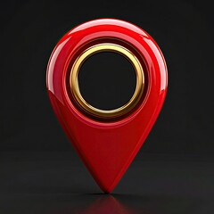 Glossy, red location marker with gold ring on dark backdrop