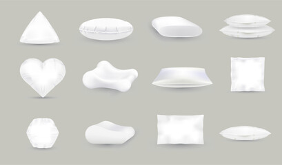 Various pillows set. Cushions isolated. Realistic white pillows mockup, vector