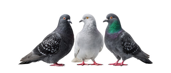 Three distinct pigeons of varying colors and patterns standing together against a neutral background