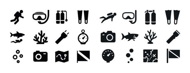 Fototapeta premium Diving icons set: snorkeling, scuba gear, underwater exploration