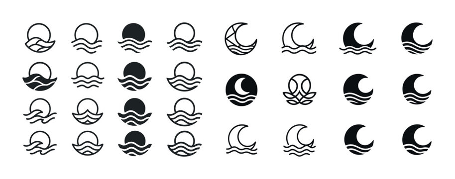 Set of circular wave and moon icons in black and white