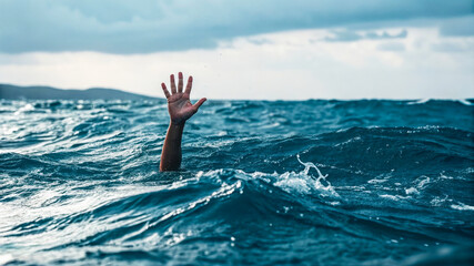 Fototapeta premium Person Struggling in Ocean Waves: A Hand Reaching Out from Turbulent Waters, Battling Natural Elements Amidst the Chaotic Struggle.
