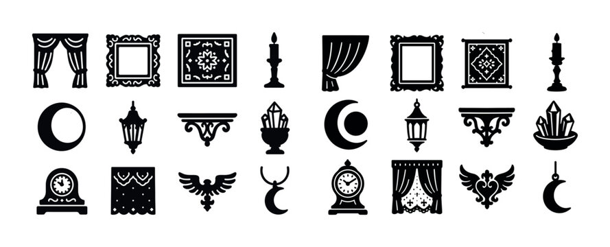 Collection of vintage decorative icons featuring clocks, candles