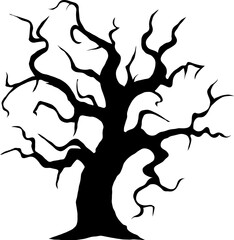 Halloween creepy crooked tree trunk silhouette. Garden scary leafless vector trunk silhouette, cemetery dead plant. Forest spooky crooked tree form or Halloween horror graveyard dry wood shape