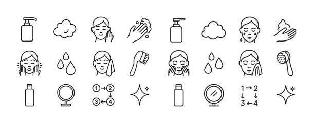 Naklejka premium Skincare routine icons set with face wash and moisturizer illust