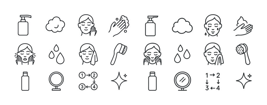 Skincare routine icons set with face wash and moisturizer illust