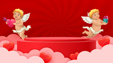 Obraz premium Red podium stand with cherub Cupids and love hearts, vector Valentine Day holiday. 3d round red stage, display stand or podium pedestal, cartoon cute Cupid angels with gift box and pierced heart