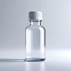 Transparent glass bottle with a white cap, casting a shadow on a light surface