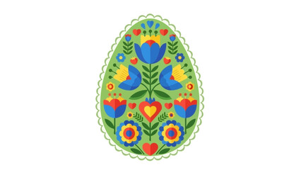 Vibrant folk art Easter egg with traditional floral and heart patterns.