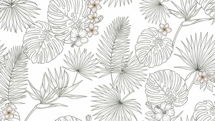 Botanical Serenity: Delicate line art weaves a tapestry of tropical leaves, and blossoms, creating a visual symphony of natural elements, evoking a sense of tranquility.