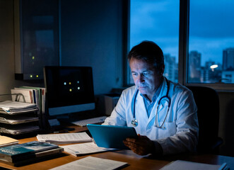 Senior male doctor in a white coat and stethoscope sitting at a desk in a dimly lit office while reviewing medical data on a tablet.