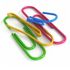 Several colorful bent wire clips, in different hues, on a white surface