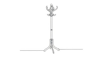 Continuous line drawing depicts a tall standing wardrobe fixture with multiple hooks.