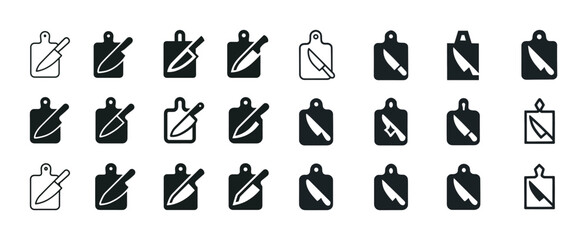 Black and white cutting board knife icons collection for kitchen