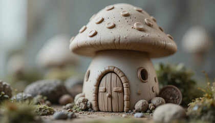 A close-up 3D clay style mushroom house