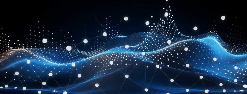 back drop video of dotted mesh network wave in dark blue background 