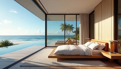 Fototapeta premium Modern bedroom with ocean view and infinity pool. Contemporary interior design features large windows, minimalist furniture, and plush bedding. Palm trees frame the serene seascape.
