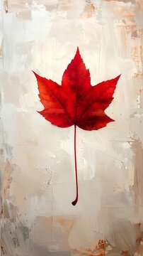 A red leaf on a long stem against a background of textured white and tan brushstrokes