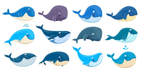 Cartoon whale characters, vector sea water animals set. Isolated cute blue, humpback and sperm whale personages of giant underwater mammal animals with happy smiles and water fountains © Vector Tradition