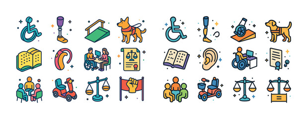 Inclusive accessibility icons: wheelchair, prosthetics, service